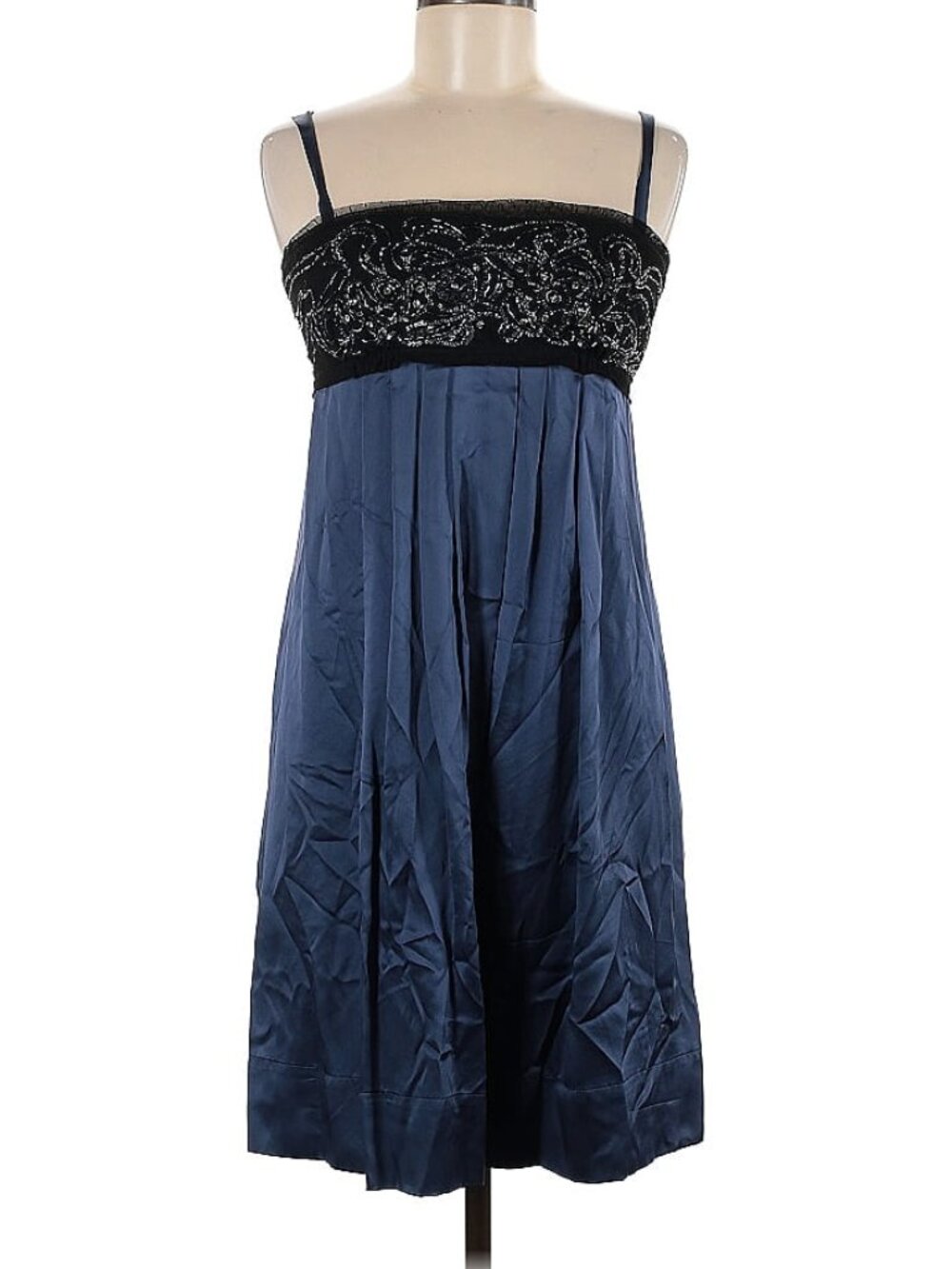 Silk BCBGMAXAZRIA Navy Blue Beaded Empire Waist Cocktail Evening Dress Size 6